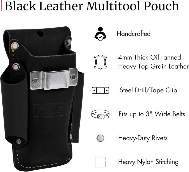 fesa Small Leather Tool Pouch - 4-in-1 Heavy Top Grain Leather Small Tool Pouch with a Tape Measure Holder, 3 Pockets & Reinforced Heavy Duty Rivets - Fits Belts up to 3" - Handcrafted - Image 2